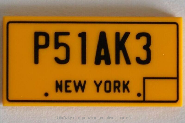 87079pb0900 Bright Light Orange Tile 2 x 4 with Black 'P51AK3' and 'NEW YORK'