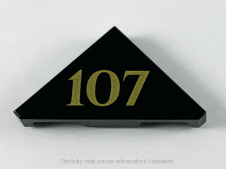 35787pb004 Black Tile, Modified 2 x 2 Triangular with Gold '107' Pattern