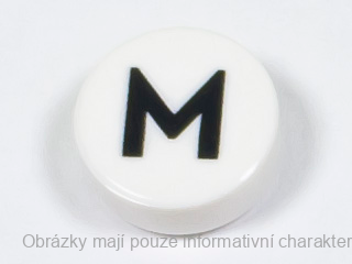 98138pb223 White Tile, Round 1 x 1 with Black Capital Letter M / W