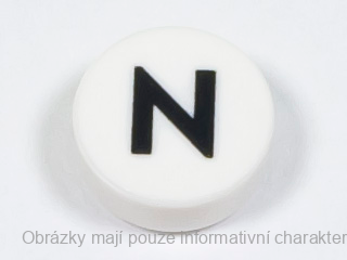 98138pb224 White Tile, Round 1 x 1 with Black Capital Letter N