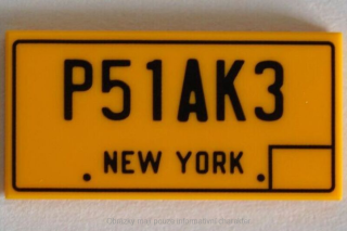 87079pb0900 Bright Light Orange Tile 2 x 4 with Black 'P51AK3' and 'NEW YORK'