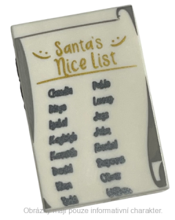 26603pb183 White Tile 2 x 3 with Gold 'Santa's Nice List' and Black Names