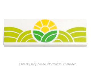 69729pb034 White Tile 2 x 6 with Bright Green and Lime Hills and Yellow Sun