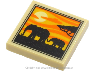 3068bpb1644 Tan Tile 2 x 2 with Groove with 2 Elephants, Tree and Sunset